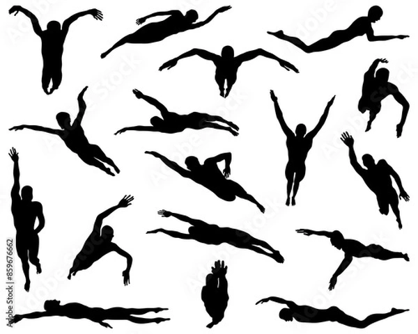 Obraz SVG Black silhouettes of swimmers on a white background