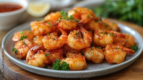 Fototapeta A tempting dish of seasoned shrimp garnished with fresh parsley, beautifully arranged on a white plate, with a side of lemon and a dipping sauce, depicting a savory meal.
