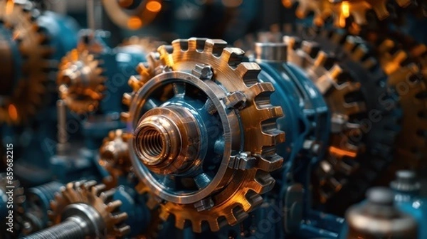 Obraz This image depicts a complex assembly of gears interlocked and working together in an industrial machine, showcasing precision engineering and functional design.