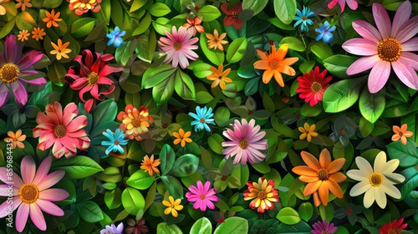 Fototapeta Various colorful flowers bloom among green leaves, featuring shades of pink, orange, red, yellow, and blue, creating a lively and vibrant scene.