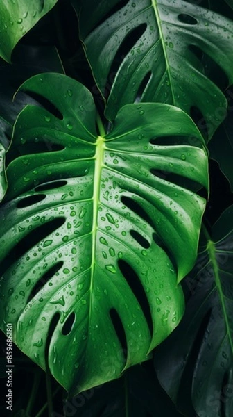 Fototapeta Lush Green Monstera Leaves Pattern Close Up