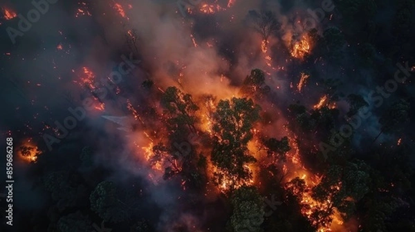 Fototapeta Forest fire from above. Smoke and flames engulfing large areas of the forest.