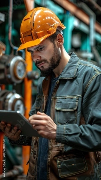 Fototapeta Male engineer in factory with tablet