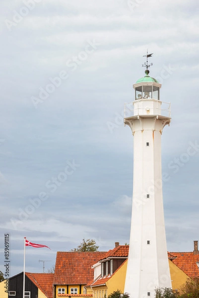 Fototapeta Old white octagonal lighthouse in Ronne town on the island Bornholm, Denmark.