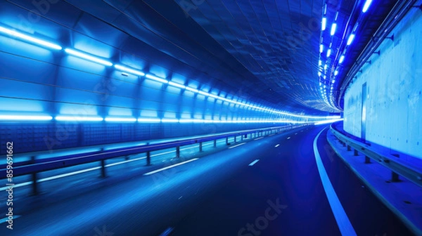 Fototapeta A long, curving road tunnel with blue lights on the ceiling and walls. The road is smooth and empty, featuring lane dividers and a guardrail.