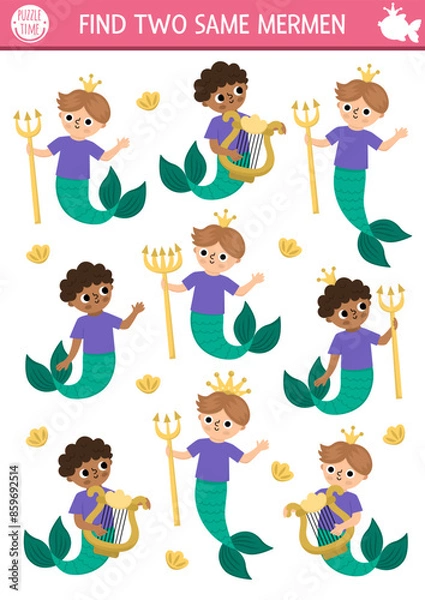 Obraz Find two same mermen. Fairytale ocean kingdom matching activity for children. Marine educational quiz worksheet for kids for attention skills. Simple printable game with cute sea prince.
