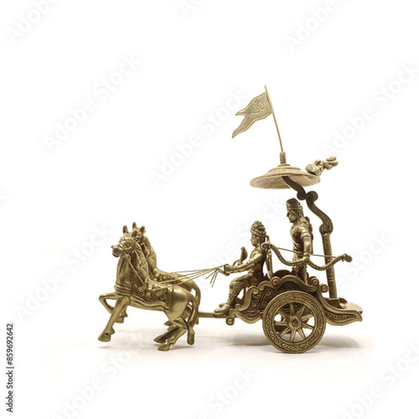 Fototapeta a model of a horse chariot of krishna and arjun as soldiers used during battles handcrafted in gold isolated in a white background