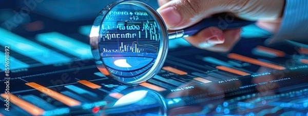 Fototapeta computer board seo magnifying glass. Selective focus
