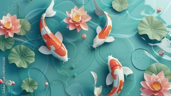 Obraz Koi fish swimming in the pond under lotus flowers in summer. Koi fish and lotus flowers in lake or water. Background and mural wallpaper High quality AI generated image