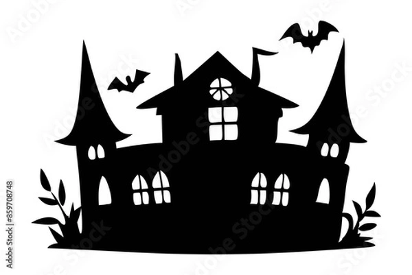 Fototapeta Black silhouette of a haunted house isolated on a white background. Concept of Halloween, spooky mansion, gothic style, eerie building Print, design element, art illustration.
