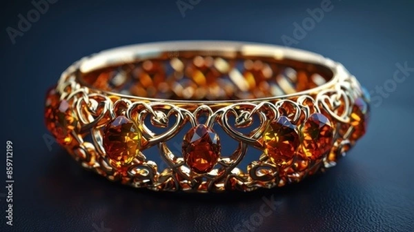 Obraz A detailed photograph of an exquisite gold bracelet adorned with amber gemstones. The intricate design and warm, rich colors convey a sense of luxury and sophistication.