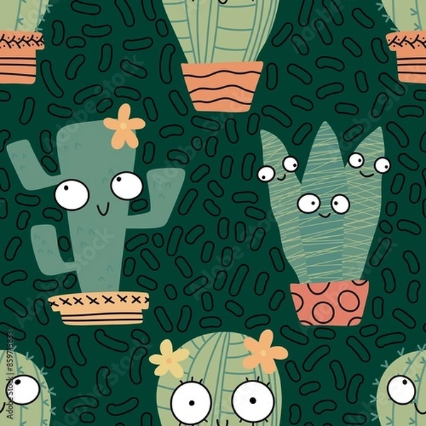 Fototapeta Summer floral seamless cartoon cactus pattern for wrapping paper and fabrics