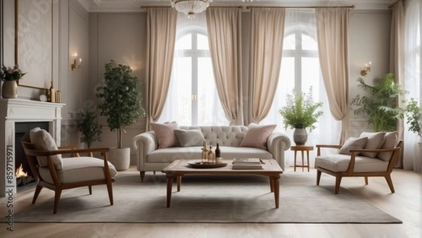 Obraz Beautiful living room combination of Scandinavian and vintage style