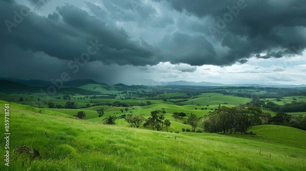 Fototapeta Dark clouds gather over rolling green hills that stretch towards distant mountains, creating a vivid contrast between the lush grass and the stormy sky.