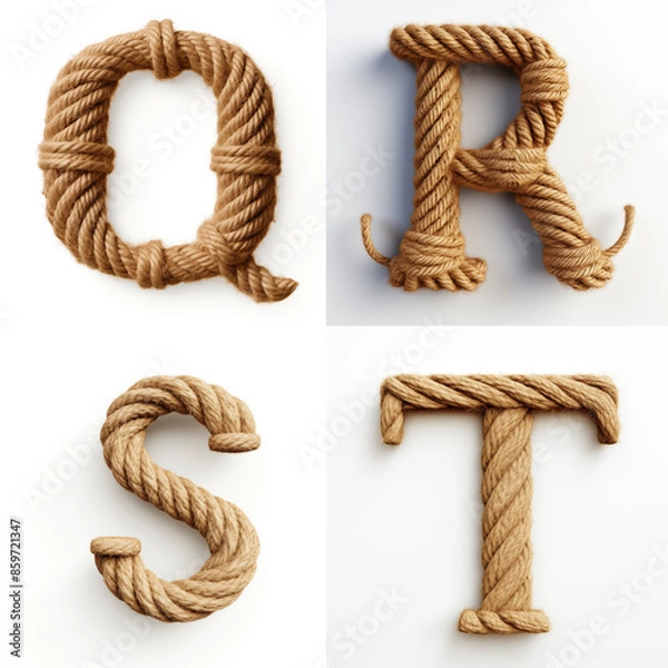 Obraz Q, R, S, T, letter out of jute rustic rope, type, rope, alphabet, text, lettering, typography, 3D style