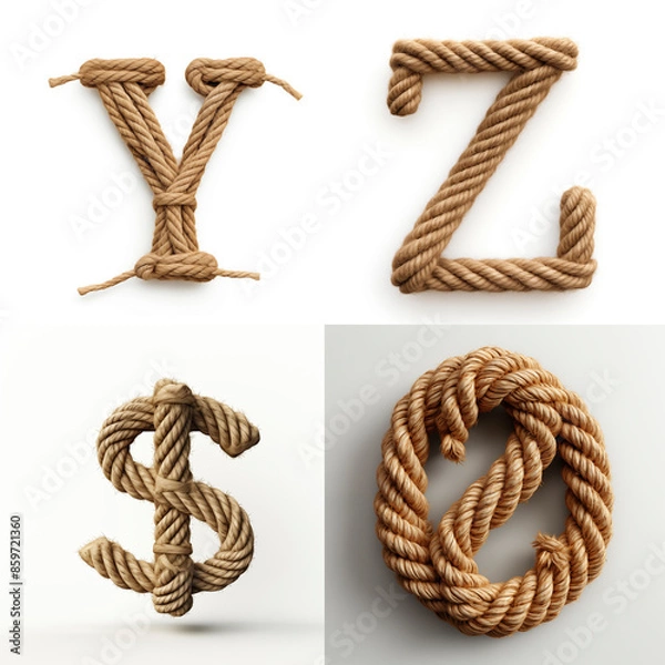 Obraz Y, Z, $, 0, letter out of jute rustic rope, type, rope, alphabet, text, lettering, typography, 3D style