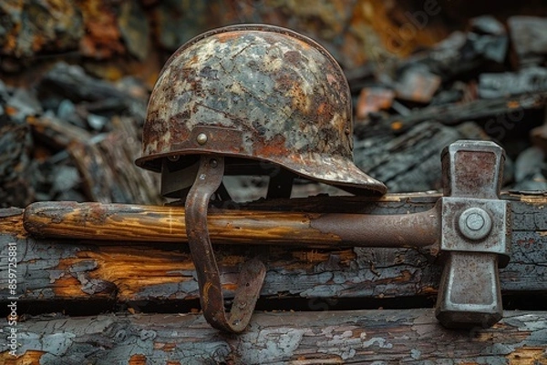 Fototapeta An old and rusted combat helmet paired with a hammer resting on a rugged wooden surface, evoking a sense of history, struggle, and perseverance in a challenging environment.