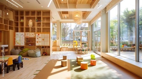 Obraz childrena??s daycare center using sustainable, non-toxic building materials, furniture made from recycled plastics, and play areas that utilize natural rubber flooring