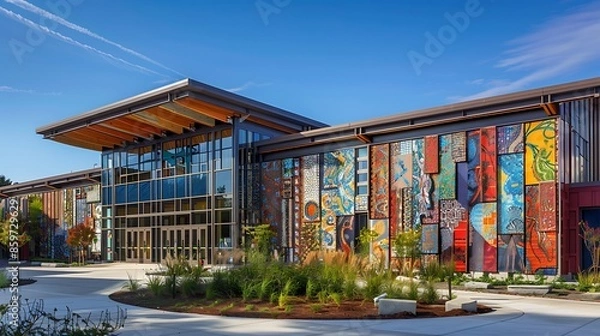 Obraz community arts center featuring a mosaic of recycled fiber cement siding pieces, highlighting community involvement and sustainable building practices