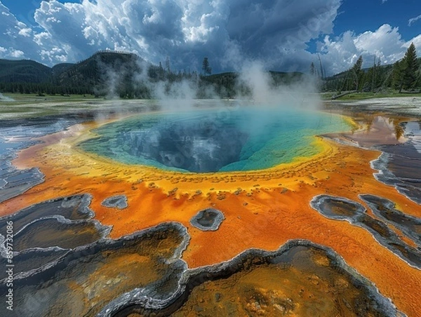 Fototapeta Majestic View of Yellowstone's Grand Prismatic Spring with Vibrant Colors and Rising Steam