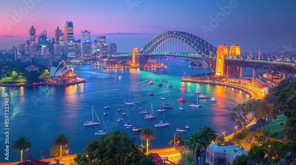 Fototapeta Majestic Twilight View of Sydney Opera House and Harbour Bridge