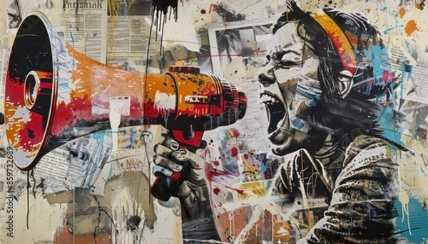Fototapeta Crystal-clear image of a striking graffiti piece featuring a collage of grunge newspapers