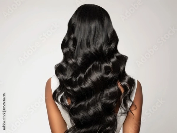 Fototapeta Medium shot of Realistic photograph of an extremely long hair wig, solid white background, view from the back