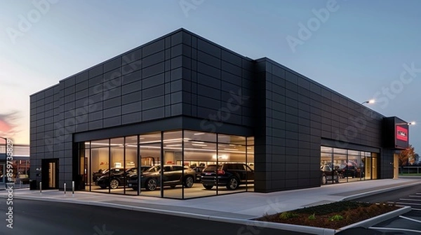 Obraz luxury car dealership with a fa? section ade of sleek, black fiber cement siding, designed to reflect the sophistication and quality of the vehicles inside
