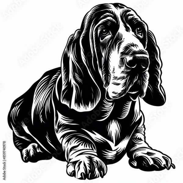 Fototapeta A black and white drawing of a Basset Hound dog