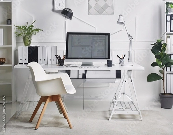 Fototapeta Photo showing a neat and beautifully arranged room. In the middle of the room there is a table with a laptop, generative ai