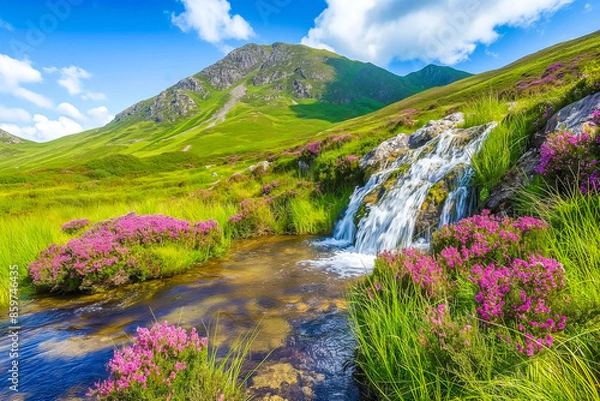 Obraz beautiful waterfall flowing into a small mountain stream in the mountains in a meadow on a sunny day, generative AI