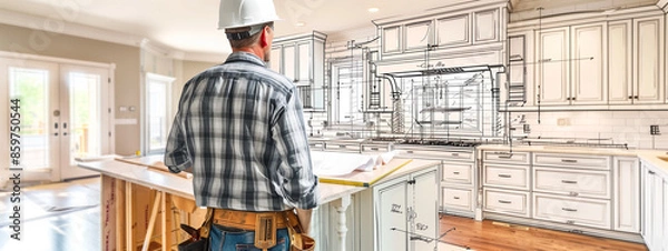 Fototapeta A hard-working contractor assesses the kitchen renovation project, envisioning the transformation to come.