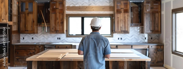 Fototapeta Amid the chaos of a kitchen under renovation, a hard-working contractor assesses the project, envisioning the transformation to come.