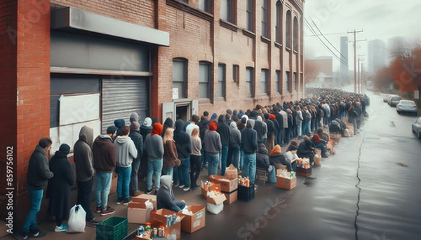 Fototapeta People in line stretch around the corner for food bank and volunteers distribute basic food necessities to those in need. Gravity of a worldwide financial crisis and food affordability. Hungry people