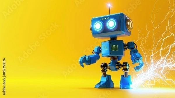 Obraz Blue robot with glowing eyes and yellow background