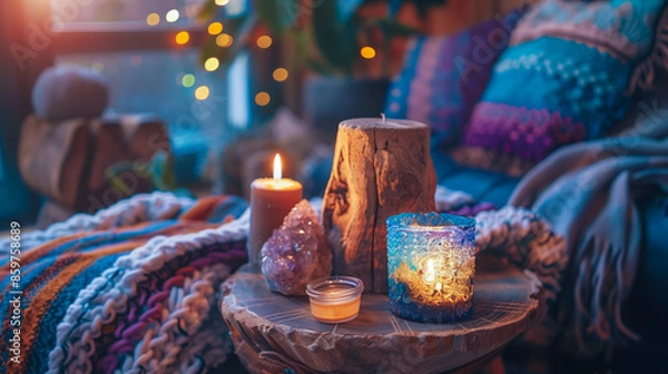 Fototapeta A cozy indoor scene with candles and crystals, perfect for relaxation and meditation