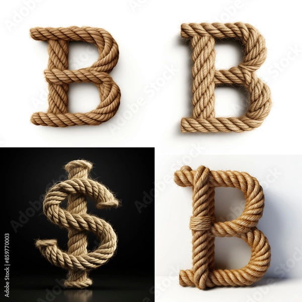 Obraz B$$, B, $,letter out of jute rustic rope, type, rope, alphabet, text, lettering, typography, 3D style