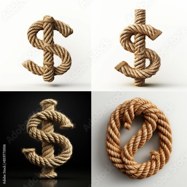 Obraz $, letter out of jute rustic rope, type, rope, alphabet, text, lettering, typography, 3D style