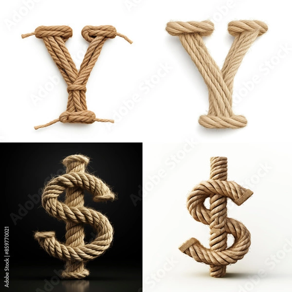 Obraz Y$, Y, $, letter out of jute rustic rope, type, rope, alphabet, text, lettering, typography, 3D style