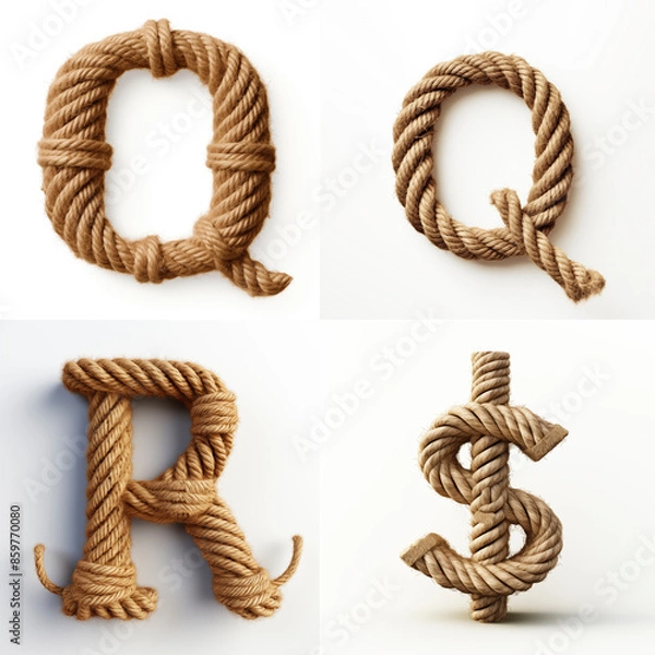 Obraz R$, Q, R, $, letter out of jute rustic rope, type, rope, alphabet, text, lettering, typography, 3D style