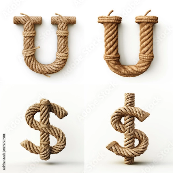 Obraz U$, U, $, letter out of jute rustic rope, type, rope, alphabet, text, lettering, typography, 3D style