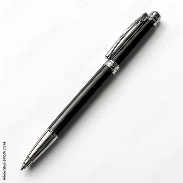 Fototapeta Elegant black ballpoint pen with a sleek design placed on a plain white background, ready for writing.