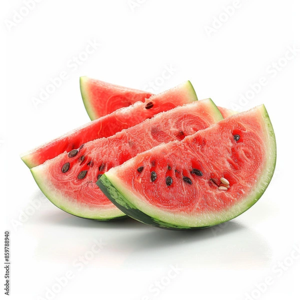 Fototapeta Juicy and fresh watermelon slices displayed on a white background, showcasing vibrant red fruit.