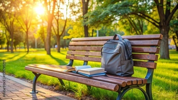 Fototapeta A serene scene of empty rucksacks and scattered books on a bench near a school in a park, conveying a sense of education and outdoor play.,hd,8k.