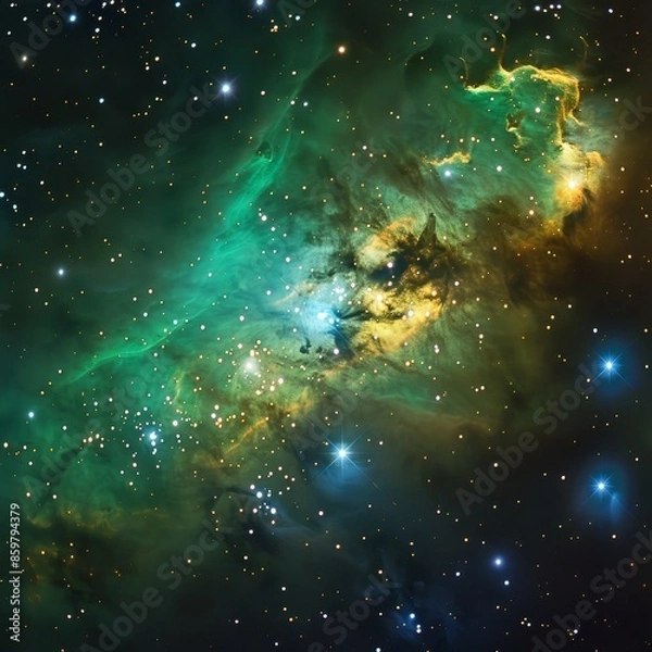 Fototapeta Green and gold nebula, luminous tendrils, star clusters, deep black background, midshot, otherworldly beauty.,