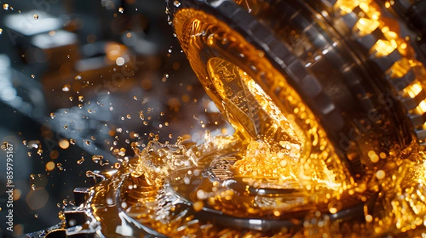 Fototapeta Lubricate motor oil and Gears. Oil wave splashing in Car engine with lubricant oil. Concept of Lubricate motor oil and Gears