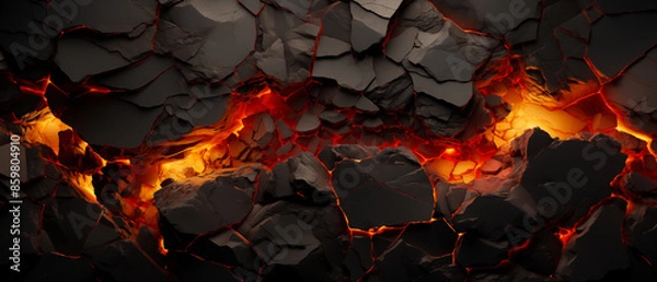 Obraz Abstract topographic pattern in charcoal and black . Ancient Precambrian rock formations with glowing lava fissures. Graphic resource background and wallpaper