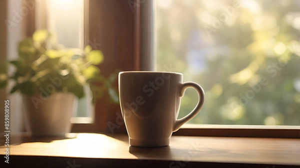 Obraz a coffee cup resting on a windowsill, with morning light streaming in and a soft focus background, creating a peaceful setting with plenty of copy space