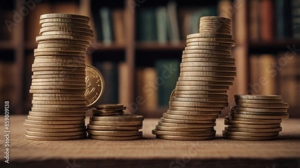 Obraz stacks of coins with bookshelf as background. educational concepts 