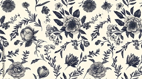 Fototapeta Seamless pattern featuring detailed, hand-drawn graphic florals